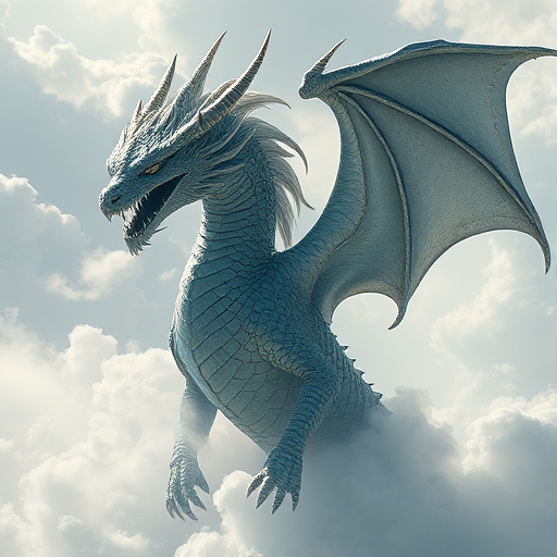 create a hyper-realistic image of a mystical dragon emerging from ethereal clouds with intricate scales and flowing mane, shot with a Canon EOS R5 at f/1.8, ISO 100, using a 50mm lens in natural light to capture fine details and textures.
