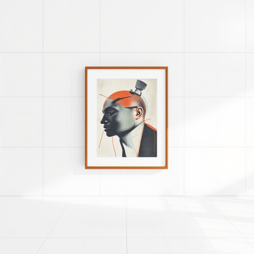 Generate a high-quality image of an abstract framed artwork on a clean white wall with glossy tiles, using a DSLR camera, 50mm lens, f/2.8 aperture, ISO 100, 1/60 sec shutter speed, centered composition, natural lighting.