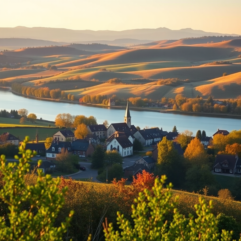 landscape of a village by a river with rolling hills and a church steeple in the distance, captured with a Canon EOS R5, 24mm lens, f/8 aperture, ISO 200, 1/250 sec shutter speed, taken from a high vantage point for a panoramic view, during golden hour for soft lighting and enhanced colors