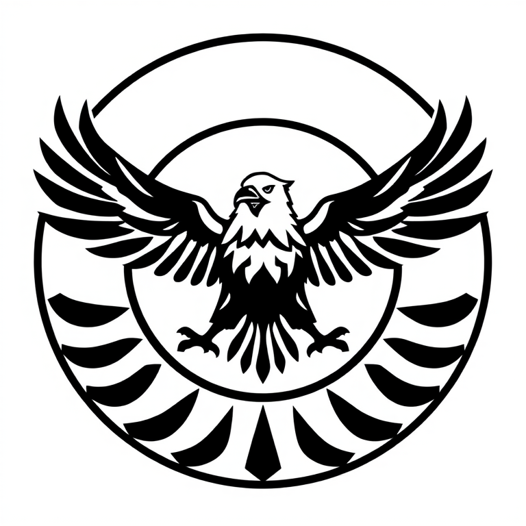Create a high-resolution monochrome logo featuring a stylized eagle with outstretched wings, set against a clean white background, captured with a DSLR camera at f/4 aperture, 50mm lens, ISO 100, with natural light and slight vignette effect to enhance depth and clarity.