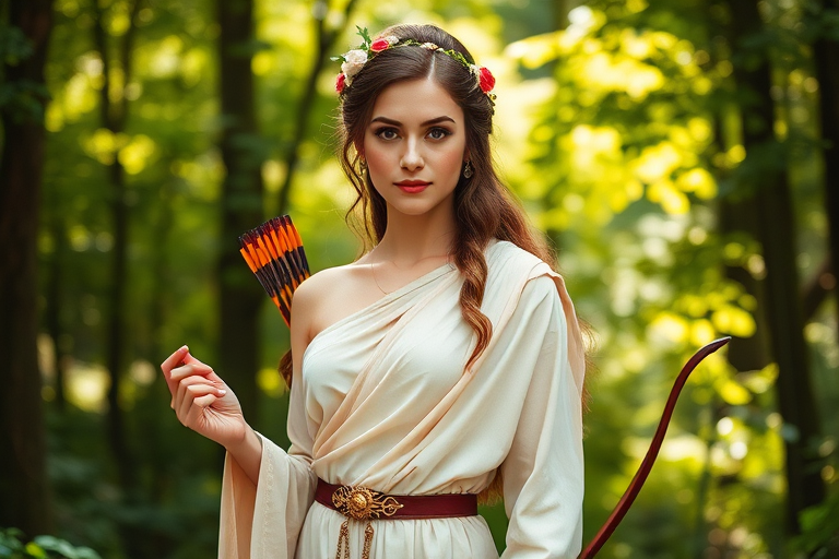 Create a portrait of a goddess-like Armenian girl figure in a tranquil, forested environment. She has an elegant appearance with long, wavy hair styled in an updo and adorned with a delicate, floral headband. She wears a flowing, ancient Greek-inspired gown in a soft, pale color, featuring a one-shoulder design and draped fabric that accentuates her graceful form. The outfit includes a decorative belt with ornate gold detailing, and she holds a bow in her hand, with a quiver of arrows slung over her shoulder. The background depicts lush greenery, with sunlight filtering through the trees, casting a gentle, ethereal light on the scene. Her expression is calm and contemplative, embodying a sense of wisdom and serenity.