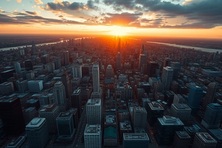 high-resolution aerial view of a sprawling urban cityscape at sunset, with warm golden hues illuminating the skyline, soft focus effect, ISO 100, f/11, shutter speed 1/200s, wide-angle lens, DSLR camera