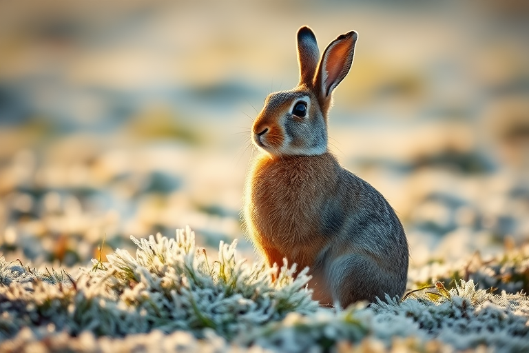 A detailed photograph of a brown hare sitting on frost-covered grass, captured in early morning light, using a DSLR camera, 50mm lens, ISO 200, aperture f/4, shutter speed 1/200s, with a shallow depth of field to emphasize the hare and a soft bokeh background.