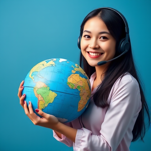 Create a high-resolution digital illustration of a woman with long dark hair holding a globe while smiling and wearing a headset, with a blue background, soft lighting, 50mm lens, f/2.8 aperture, and a shallow depth of field to enhance the focus on the subject and vibrant colors.