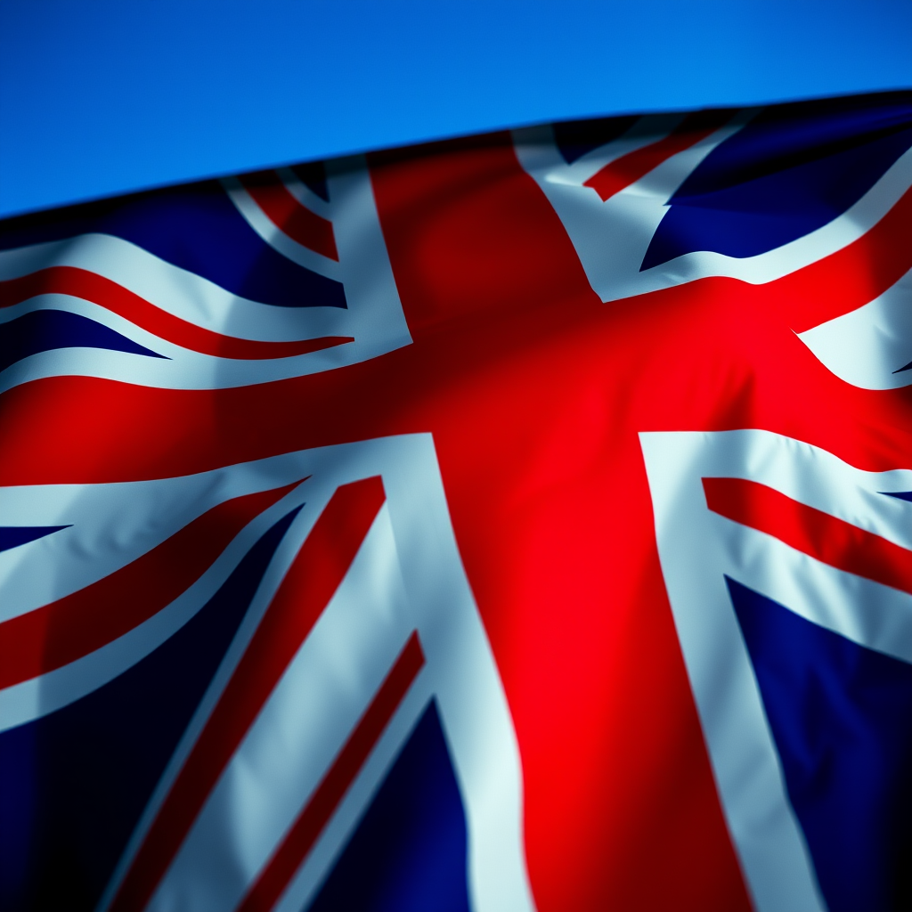 Create a high-resolution image of the Union Jack flag with vibrant colors, shot from a low angle using a DSLR camera with a 50mm lens, aperture f/2.8, ISO 100, and a wide dynamic range to enhance detail and contrast.