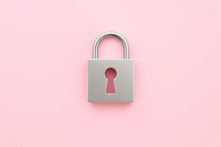 Create an image of a simple padlock icon with a keyhole on a soft pink circular background, using a 50mm lens, f/1.8 aperture, ISO 100, and a clean flat lay style for enhanced clarity and depth.