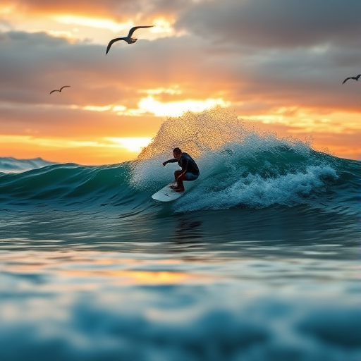 Blurry action shot of a surfer riding a wave at sunset, water splashing up around them, golden light reflecting off the ocean, distant seagulls flying overhead, and the sound of crashing waves filling the scene.