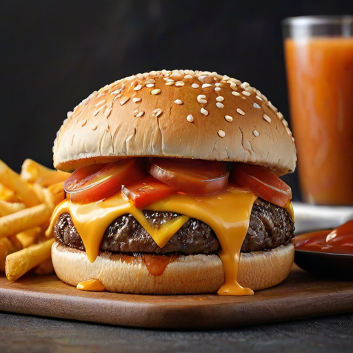 High-resolution, close-up image of a gourmet double cheeseburger. The burger features a glossy, sesame-seed-topped brioche bun. Inside, there are two thick, juicy beef patties, each topped with melted cheddar cheese. The burger is garnished with fresh lettuce, tomato slices, diced onions, and pickles. A generous amount of ketchup and a creamy, orange-colored sauce is dripping down the sides, adding to the mouth-watering appeal. In the background, there are blurred elements including a side of golden French fries and a hint of a beverage, enhancing the overall presentation of a delicious meal.
