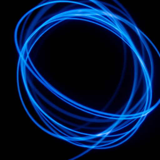 Create an abstract image of swirling blue light trails on a black background, captured with a Canon EOS R5, 50mm lens, f/1.8 aperture, ISO 100, shutter speed 1/60s, in long exposure style to enhance luminosity and depth.