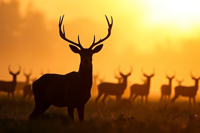 capture a silhouette of a herd of deer in a misty golden sunrise with a prominent stag in the foreground, using a Canon EOS R5 at f/4, ISO 100, 1/250 sec, with a 50mm lens, in portrait orientation, with shallow depth of field and soft focus background