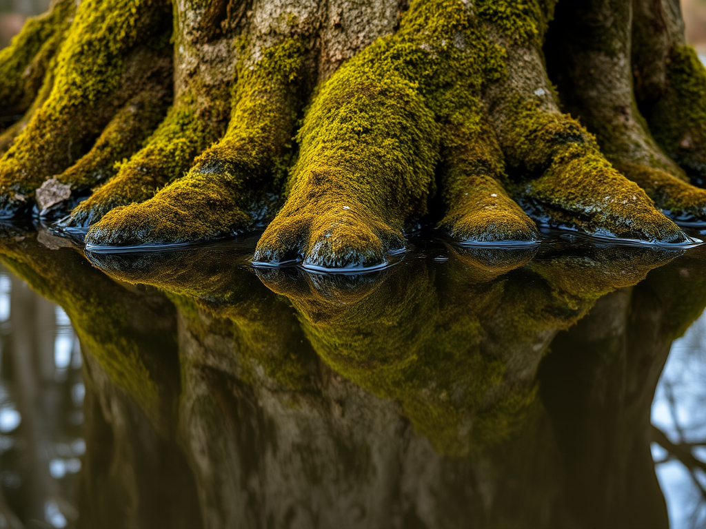 photograph of a moss-covered tree root reflected in still water, taken with a Canon EOS R5, 50mm lens, f/1.8, ISO 100, aperture priority mode, natural lighting, low angle view, focus on textures and reflections.