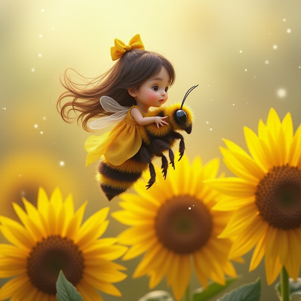 a whimsical cute girl with big eyes, big hair and flowing dress, riding astride a bumble bee, and flying across the top of the sunflower, which are just waking up, and catching dew drop of rain