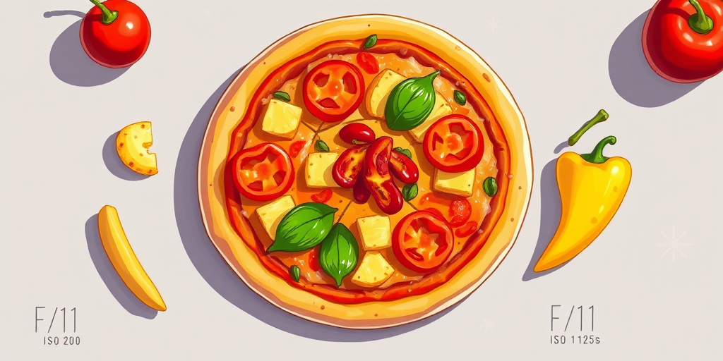 Create a vibrant illustration of a pizza topped with pepperoni, pineapple, and bell peppers, using a high-resolution digital drawing style, overhead view, with soft shadows and bright colors to enhance the details, camera settings: f/11, ISO 200, shutter speed 1/125s, using a DSLR camera.