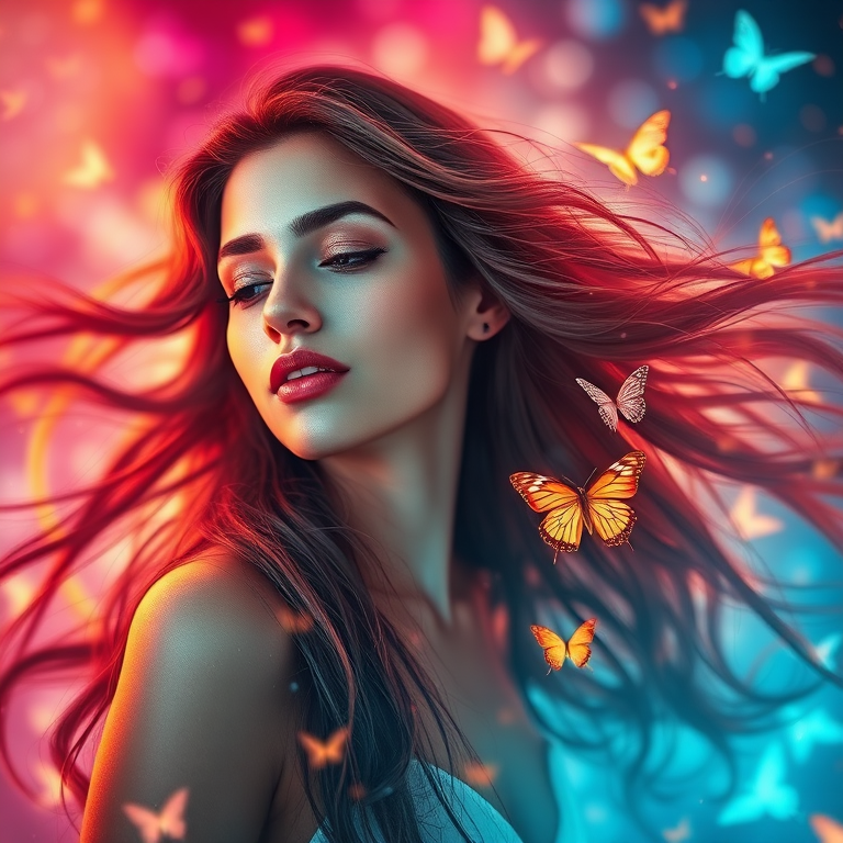 Regenerate the image of a serene woman with flowing hair and ethereal butterflies in a colorful, dreamlike background, using a DSLR camera, 50mm lens, f/1.8 aperture, ISO 100, 1/100 sec shutter speed, soft focus, high dynamic range, and backlit for enhanced glow.
