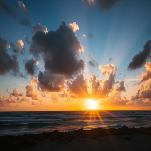 sunset over the ocean with dramatic clouds, golden sunlight reflecting on the water, long exposure, f/11, ISO 100, 1/60 sec, wide-angle lens, taken from a low angle to capture the shoreline and sunbeams, DSLR camera