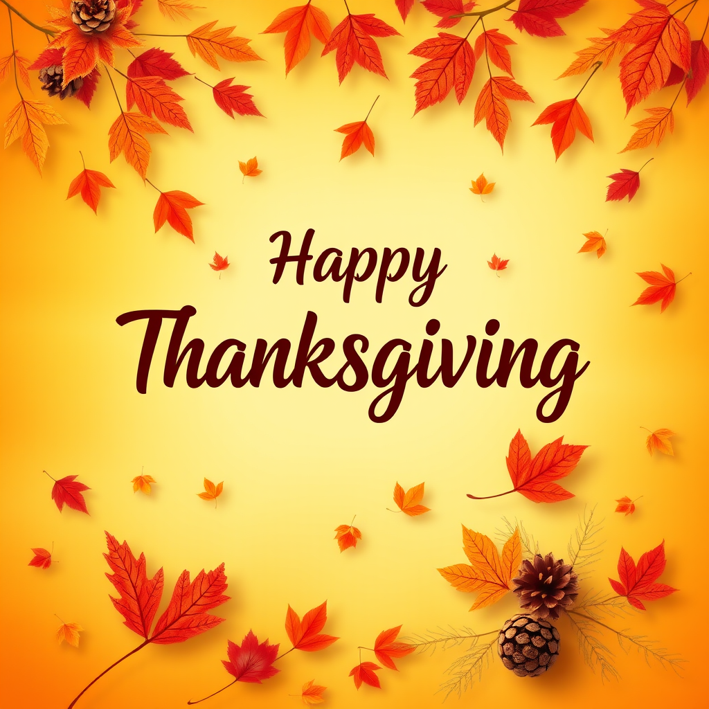 Create a warm and festive autumn-themed image with a gradient background of orange and yellow hues. Include a variety of falling leaves in shades of red, orange, and brown. In the center, display the text "Happy Thanksgiving" in a stylish and inviting font, using a dark brown color for contrast. Add subtle decorative elements like pine cones and additional leaves for a cozy, seasonal feel.