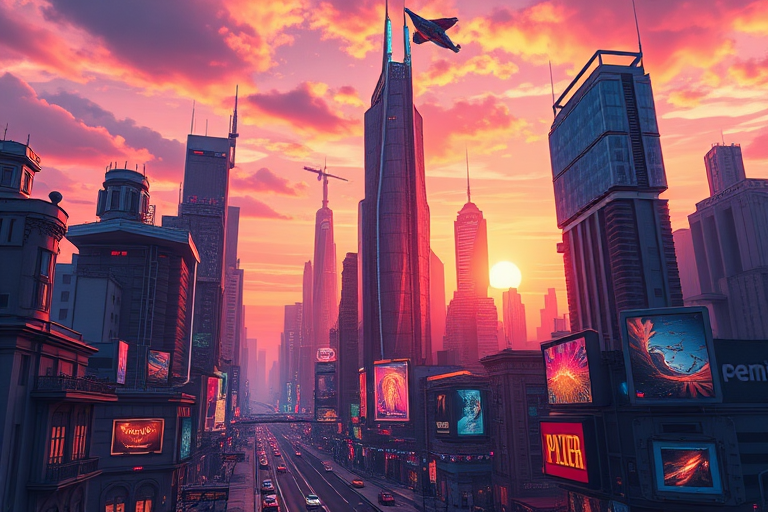 Create a vibrant, detailed illustration of a futuristic cityscape at sunset showcasing towering skyscrapers with neon lights, flying vehicles, and bustling streets, using a DSLR camera with a 24mm lens, aperture set to f/8, ISO 200, shooting from a low angle to emphasize the height of the buildings and capture a wide perspective.