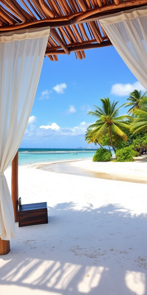 Create a picturesque tropical beach scene featuring a serene, white sandy shore. In the foreground, there's a rustic wooden canopy with white drapes gently flowing in the breeze. Underneath the canopy, a table is set with tropical decor, evoking a sense of relaxation and leisure. The beach extends into a calm, shallow water area with reflections of the sky and surroundings. Palm trees and lush greenery line the edge of the beach, providing a natural, tropical backdrop. The sky is clear with a few scattered clouds, and the overall atmosphere is tranquil and inviting, perfect for a peaceful retreat.