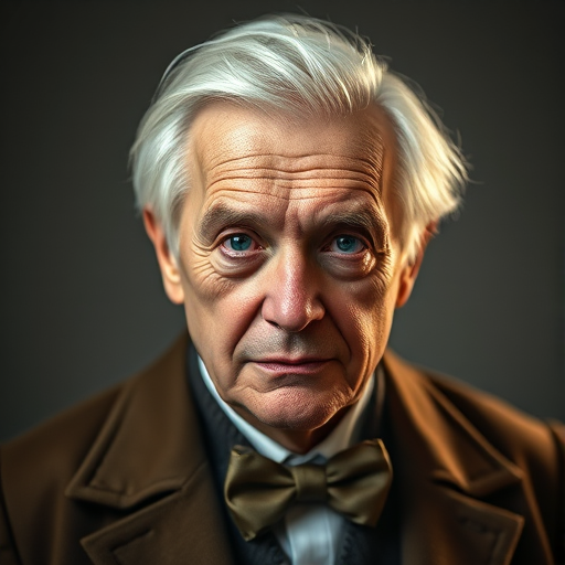 Create a highly detailed portrait of an elderly man with unkempt white hair and deep-set blue eyes wearing a vintage coat and bowtie in a soft-focus studio background with dramatic lighting, using a Canon EOS R5 with a 50mm f/1.2 lens, ISO 100, aperture f/2.8, and a shutter speed of 1/125 sec.