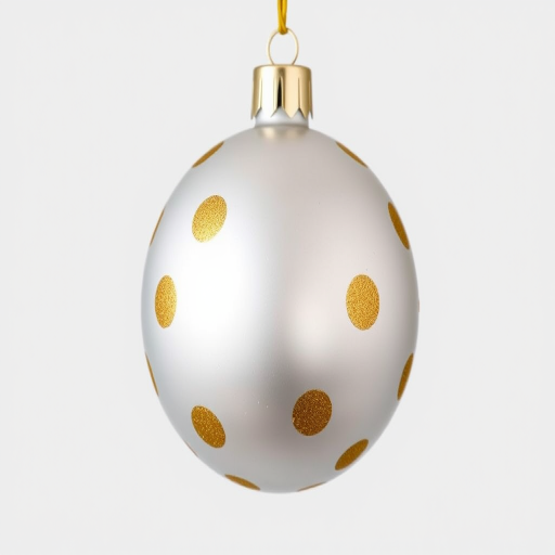 Create a high-resolution image of a silver Christmas ornament with gold polka dots, front view, using a DSLR camera with a 50mm lens, aperture f/2.8, ISO 100, and a softbox for even lighting.
