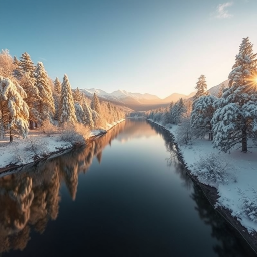Create a serene winter landscape with snow-covered trees, a calm river reflecting the snow and mountains in the background, soft golden sunlight filtering through, captured with a DSLR camera at f/11, 1/125 sec, ISO 100, wide-angle lens, natural lighting for enhanced detail and color vibrancy.
