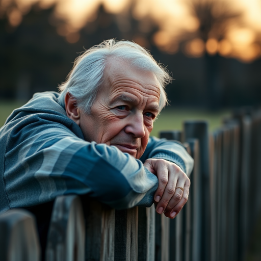 Regenerate a close-up portrait of an elderly person with gray hair leaning on a wooden fence in soft evening light, using a full-frame DSLR camera with a 50mm lens, aperture set to f/1.8 for a shallow depth of field, ISO 200, and a warm color temperature to enhance the emotional atmosphere.