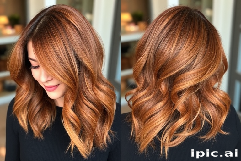 Warm cinnamon and ginger tones blend seamlessly in the "Spiced Amber" hairstyle. The shoulder-length cut features soft layers and side-swept bangs, styled in bouncy, voluminous curls. Copper and bronze highlights add depth and dimension, creating a rich, multi-tonal look that's perfect for autumn.