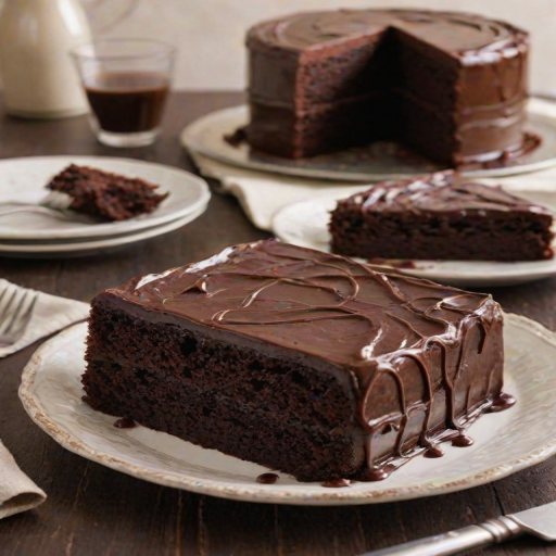Create an image of a rich chocolate cake with a glossy dark chocolate frosting, sliced into neat squares. The cake should have a moist texture and a shiny finish, with a serrated knife placed beside it. The background should be simple and clean, emphasizing the cake's details.