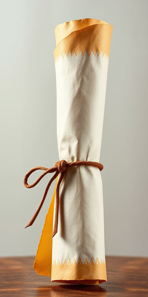 Create a highly detailed image of a parchment scroll rolled up with a leather tie, using a DSLR camera with a 50mm lens at f/2.8 aperture, ISO 100, and a soft natural light setting, capturing the texture and color variations of the parchment against a gradient background.