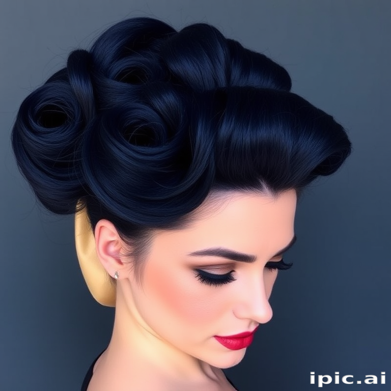 Deep sapphire blue locks styled in a voluminous, retro-inspired bouffant with victory rolls, channeling vintage glamour in the "Midnight Starlet" hairstyle