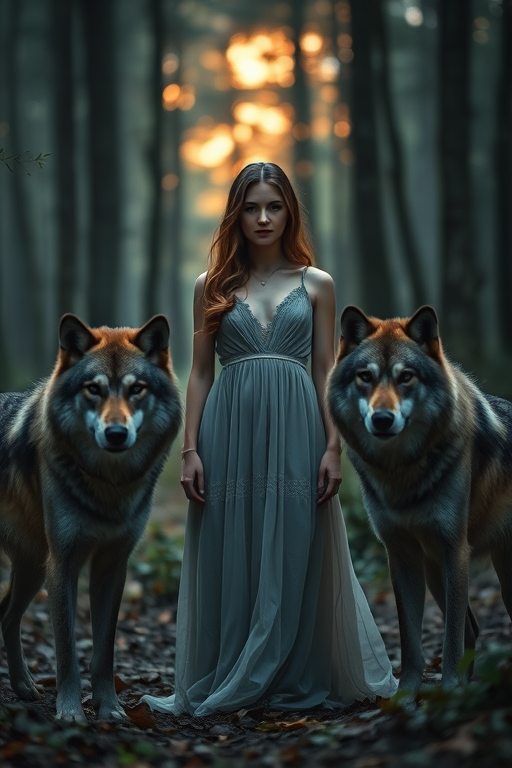 capture a mystical scene in a dense forest with a young woman in a flowing dress standing confidently between two wolves, use a Canon EOS R5 with a 50mm f/1.2 lens, aperture set to f/1.2 for a shallow depth of field, ISO 400 for low light, focus on the woman's expression, soft ambient lighting with a hint of golden glow from behind the trees, ensure high detail and vibrant colors