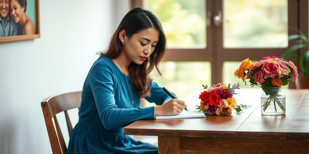 Regenerate the image of a woman in a blue dress writing at a wooden table with a bouquet of colorful flowers nearby, soft natural lighting from a window, use a Canon EOS R5 camera with a 50mm lens, aperture set to f/1.8, ISO 200, focus on the subject with a slight bokeh effect in the background for enhanced depth.