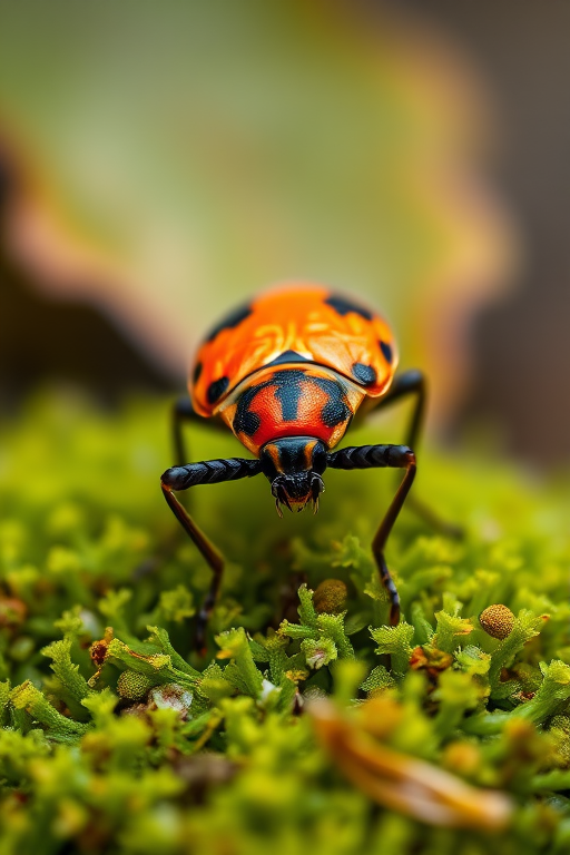 close-up of an orange and black bug on green moss with a blurred leaf in the background, macro lens, f/2.8 aperture, 100mm focal length, ISO 100, natural light, DSLR camera