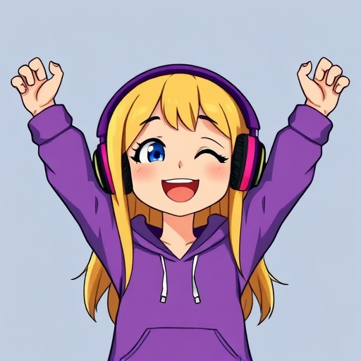 Regenerate an image of a cheerful cartoon girl with long blonde hair and headphones, wearing a purple hoodie, with her arms raised in excitement, using a 50mm lens at f/1.8, shallow depth of field, in bright, vibrant colors, high-resolution digital illustration style.
