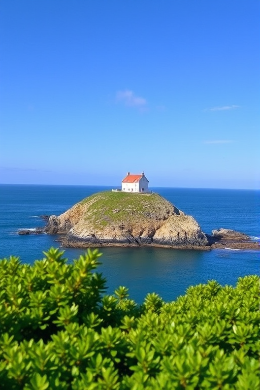 generate an image of a coastal landscape featuring a rocky island with a house on top, surrounded by calm blue waters and a clear sky with a few clouds, lush green vegetation in the foreground