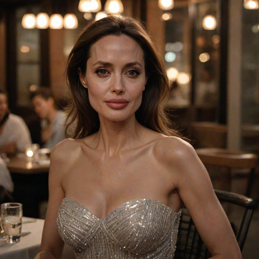 photo of [woman:angelina jolie:0.4], highlight hair, sitting outside restaurant, wearing dress, rim lighting, studio lighting, looking at the camera, dslr, ultra quality, sharp focus, tack sharp, dof, film grain, Fujifilm XT3, crystal clear, 8K UHD, highly detailed glossy eyes, high detailed skin, skin pores