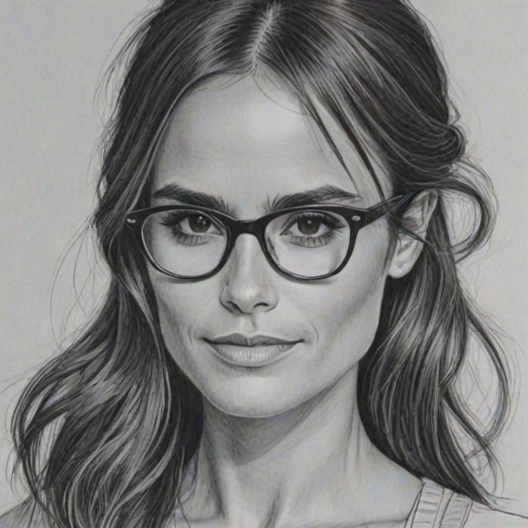 Stunning Jordana Brewster, pencil sketch, portrait of Pleasing woman 1969s in glasses, hair style beatnik, outline, clear lines, fine lines, 8k