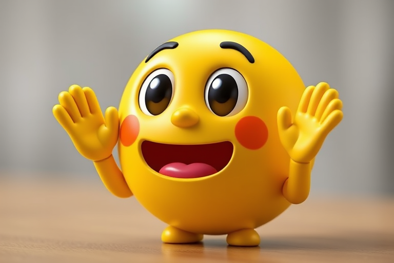 Create a 3D rendering of a cartoonish yellow emoji with wide eyes and raised hands in a shushing gesture, use a DSLR camera with an aperture of f/2.8, ISO 100, focal length of 50mm, and soft lighting to enhance image quality, with a slight bokeh effect in the background.