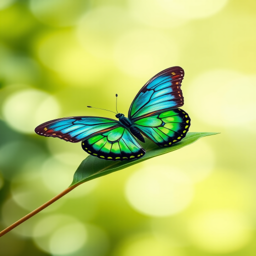 Create an image of a butterfly resting on a leaf. The butterfly should have vibrant blue, green, and yellow patterns on its wings. The background should be softly blurred with a mix of green and light colors to create a natural, serene atmosphere.