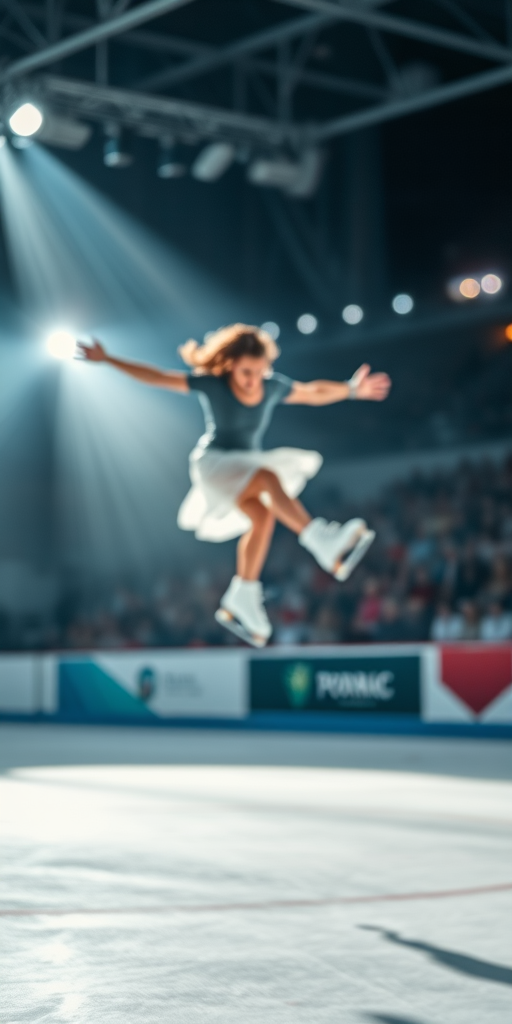 Blurry action shot of a figure skater performing a jump on a brightly lit ice rink, soft light from overhead spotlights casting long shadows on the ice, with an audience barely visible in the background.