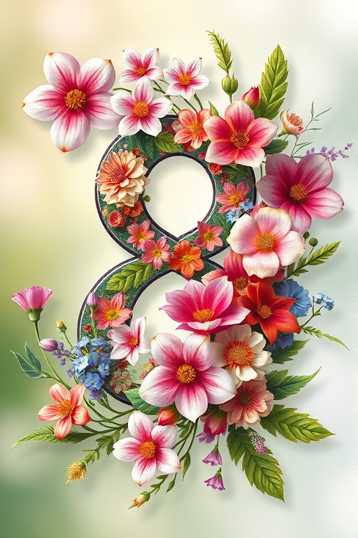 Create a high-resolution illustration of a floral design featuring the number 8 surrounded by colorful flowers and leaves for International Women's Day, using a Canon EOS R5 camera, 85mm lens, f/1.8 aperture, natural light, and a soft focus background.