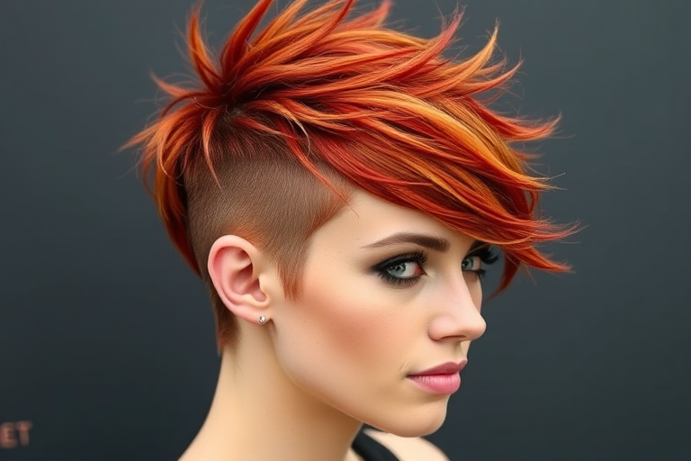 Vibrant redhead sporting a fiery copper pixie cut with textured spikes, featuring bold asymmetrical bangs and shaved sides for an edgy, modern look