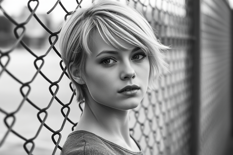 portrait of a person with short blonde hair leaning against a chain-link fence, soft focus background, natural light, f/2.8 aperture, 50mm lens, ISO 100, shallow depth of field, monochrome style, shot with a DSLR camera