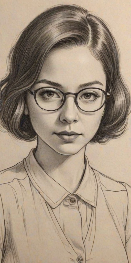 Bewitching Aubrey Anderson-Emmons, pencil sketch, portrait of Gorgeous woman 1932s in glasses, hair style beatnik, outline, clear lines, fine lines, 8k