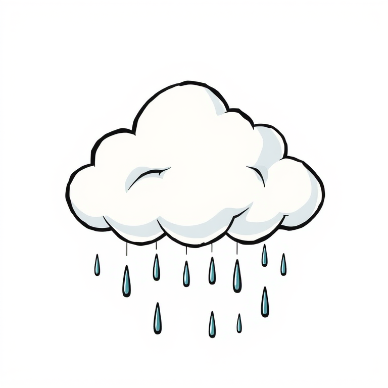 Create a stylized illustration of a cartoon cloud with raindrops falling from it, using a digital drawing style, with a focus on contrast and smooth lines, captured with a high-resolution digital camera at 50mm focal length, f/2.8 aperture, and 1/250s shutter speed for clear details and vibrant colors.