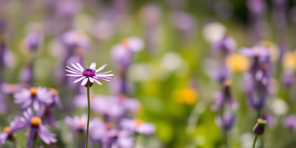 vibrant field of purple flowers, shallow depth of field, soft bokeh effect, taken with a DSLR camera at f/2.8, ISO 100, 50mm lens, natural light, vibrant colors, sunny day, focus on a single flower