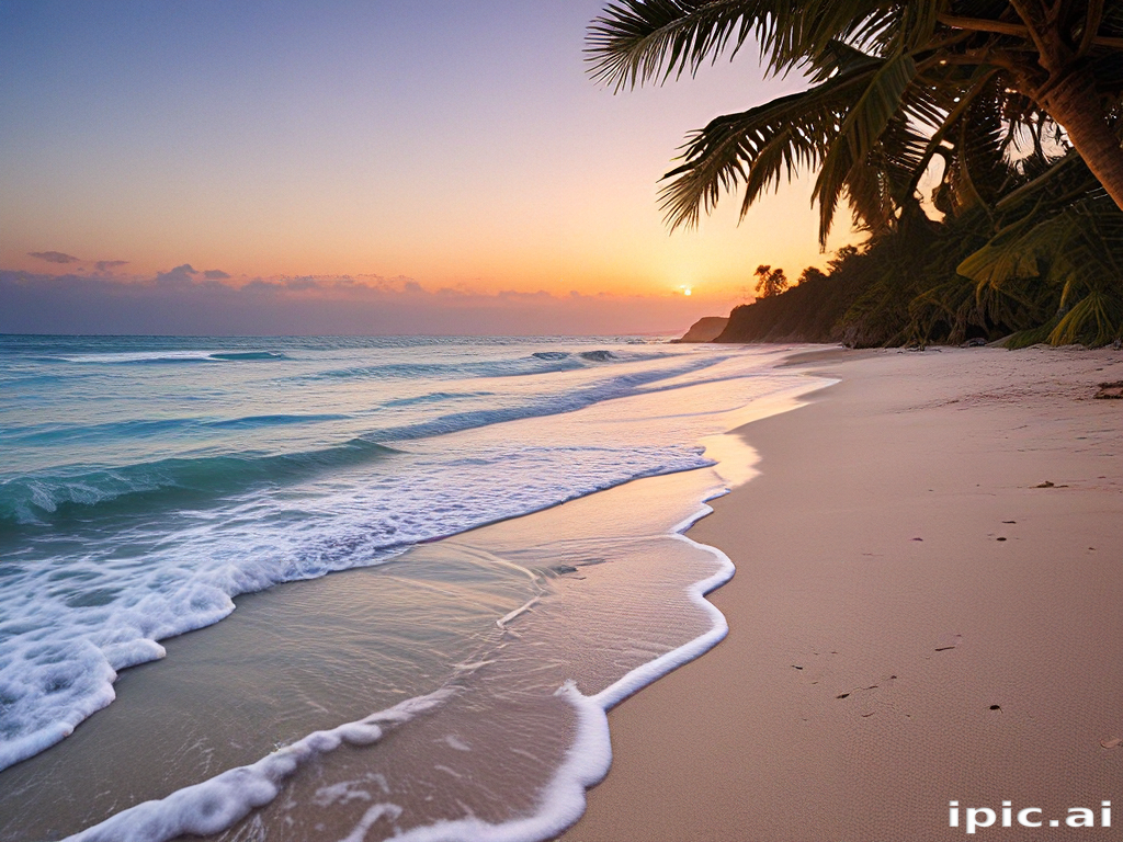 Serene Sunset Over Tranquil Beach with Gentle Waves and Palm Trees