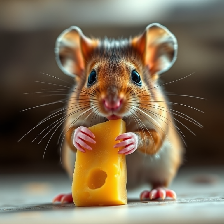 A close-up shot of a cute mouse holding a piece of cheese, soft focus background, ISO 100, f/2.8 aperture, 50mm lens, natural lighting with a warm tone, shallow depth of field, DSLR camera.