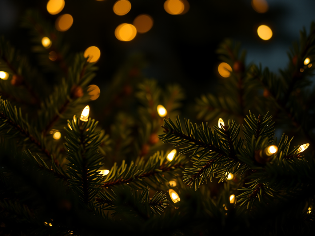 Create an image of a close-up view of evergreen branches adorned with soft glowing lights in a dark background creating a warm and festive atmosphere.
