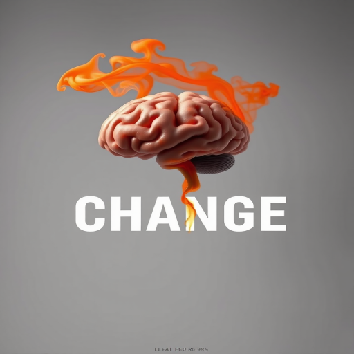 Create an image of the word "CHANGE" with a stylized brain emitting orange smoke, shot with a Canon EOS R5 at f/2.8, 1/125s, ISO 100, in a studio setting with soft box lighting and a neutral gray backdrop for high contrast and detail.